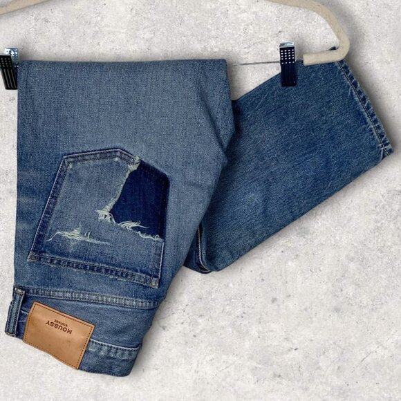 NEW Moussy Vintage Japanese Denim Distressed Straight Blue‎ Jeans Size 26 Button - Picture 6 of 16